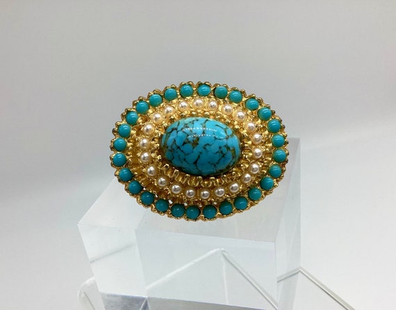 Large Peking Czech Glass and Pearl Vintage Brooch Mid Century