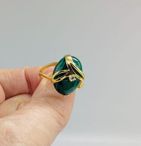 Fabulous Malachite Ring Cabochon Stone Wrapped in Vermeil Gold on 925 Silver and Set with A Tiny Faux Diamond Size Q