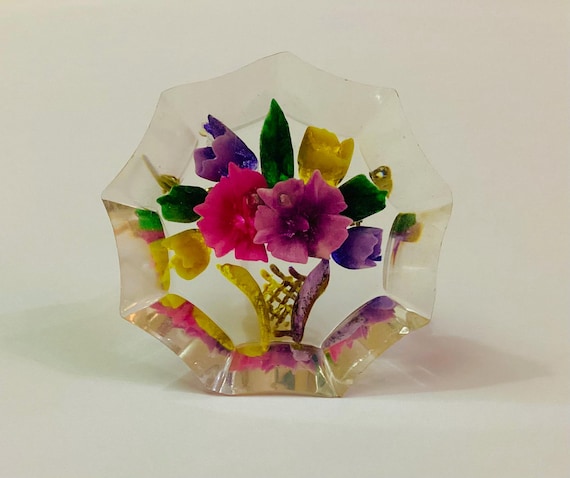 Brooch Reverse Carved Multicoloured Flower Bouquet in Vase Vintage 1940's