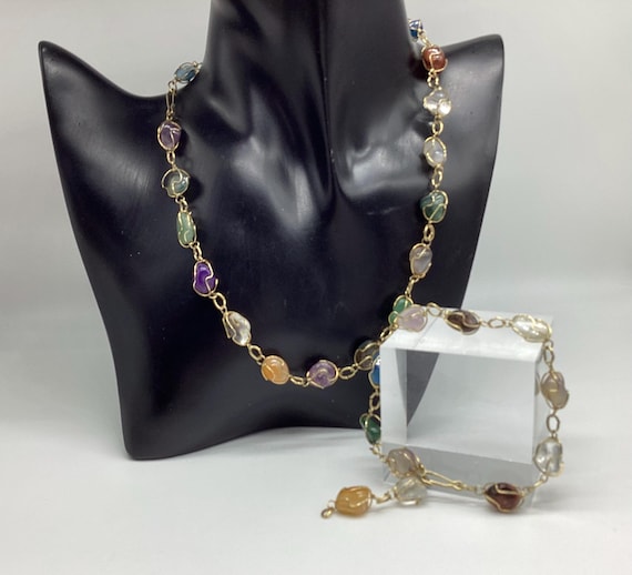 Polished Crystal Necklace and Bracelet Gold Tone Wire Wrapped and Linked Natural Stones