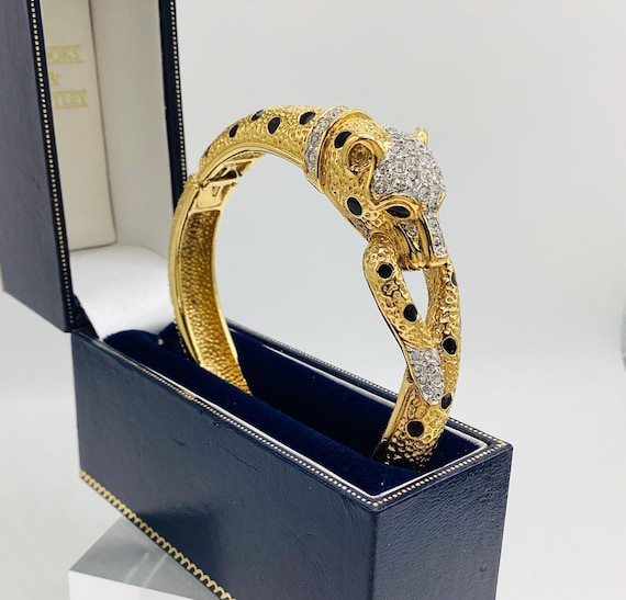 Attwood and Sawyer Leopard Hinged Bangle 1980's Retro Swarovski Crystals 22 Gold Plated