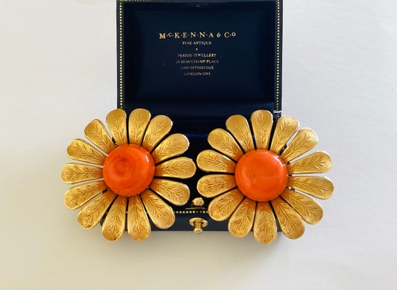 Babylone Paris Earrings Huge Daisy Flowers Swirled Orange Petal Gold Petals True Vintage 1980s