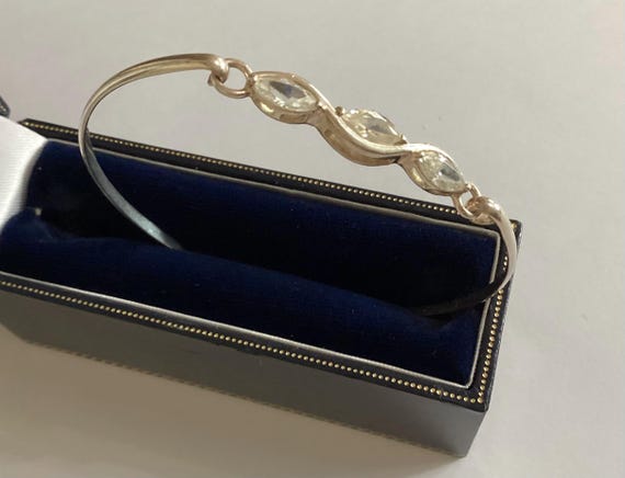 Vintage 925 Silver Bangle: Stamped Cubic Zirconia Hook Clasp,