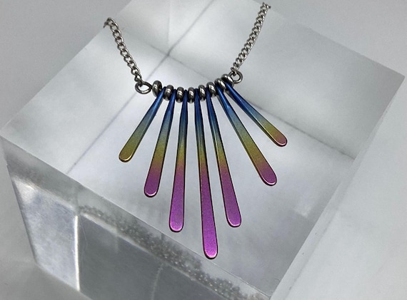 Rainbow Titanium Fan Pendant Solid Silver 925 Chain