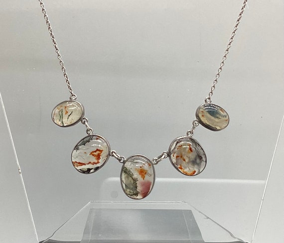 Five Graduated Moss Agates Lavalier Necklace  Bezel Set 925 Silver Edwardian