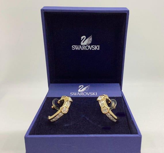 Vintage Swarovski 3/4 Hoop Earrings Crystals Gold Plated 1990 Signed Swan Butterfly Fixings Boxed