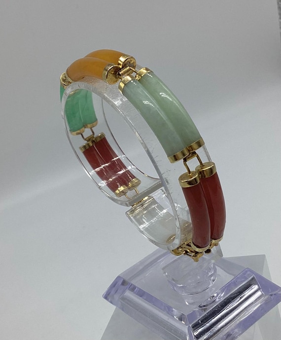 Beautiful Vintage Double Row Natural Multi Coloured Jade Gold Plated Vermeil Sterling Silver Bracelet