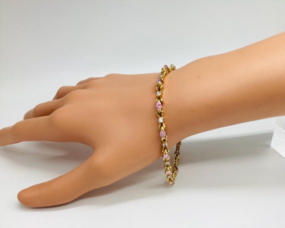 Gold Plated Crystal Tennis Bracelet: 1990s Glamour, 8 inch