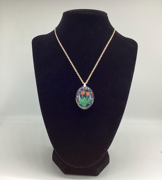 Pretty Reverse Carved Pendant Pink Tulips 1950s Reversible Vintage Jewellery