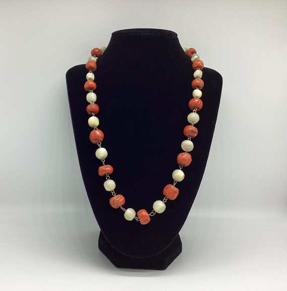 Natural Antique Salmon Red Coral Bead and Mother of Pearl Vintage Necklace Art Deco 21 inches 35th Anniversary December Birthday