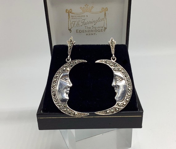 Crescent Man in the Moon Earrings Solid Silver Marcasite Vintage Art Deco