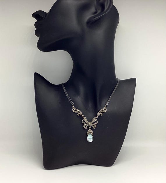 Antique Victorian Necklace Marcasite Bow with Sky Blue Paste Drop Princess Length 18 inches Wedding Jewellery Bridal Necklace
