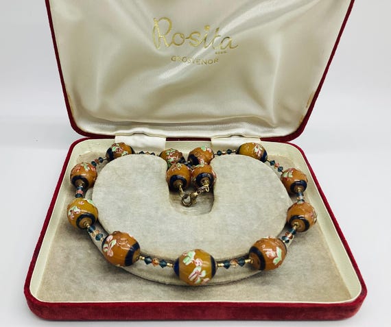 Vintage Venetian Art Deco Necklace Caramel Blue and Black C1920