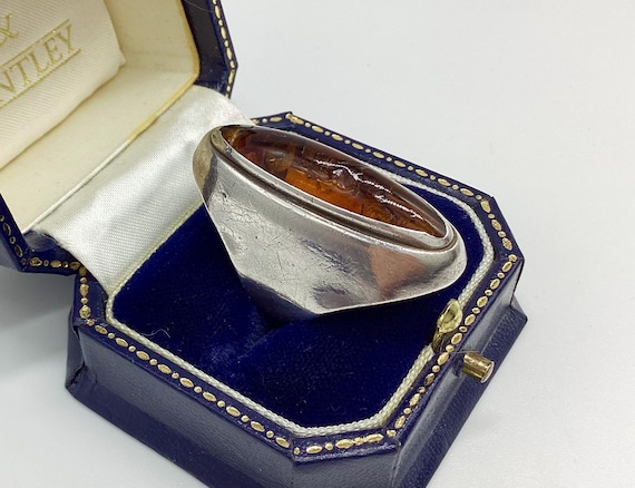 Vintage Fischlandschmuck Amber Ring – 835 Silver – German Modernist – Fish Hallmark