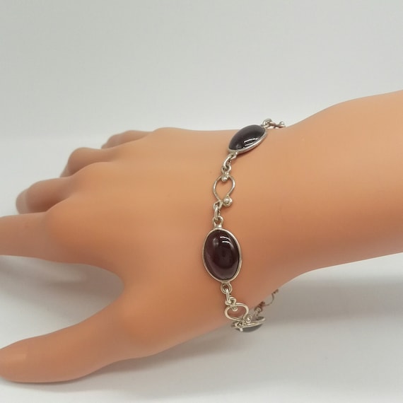 Large Polished Bezel Set Cabochon Garnets in a Fine Silver Link Bracelet January Birthstone Birthday Gift 2nd Wedding Anniversary