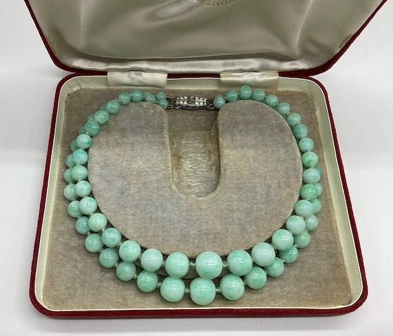Fabulous Faux Jade Bead Necklace Double Strand Hand Knotted Vintage Pretty Clasp Crystal Set