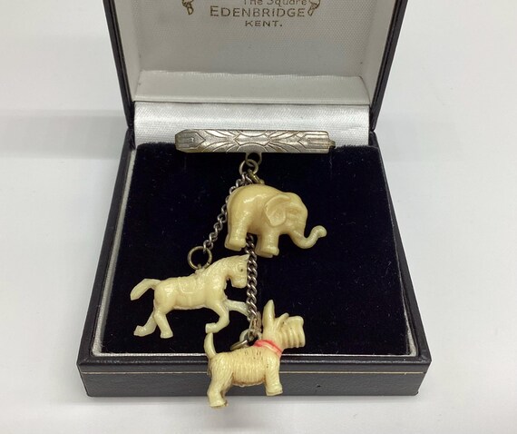 Vintage Celuloid Animal Dangle Bar Brooch Horse Elephant Scottie Dog