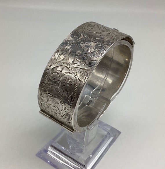 Deep Cuff Bangle 1963 Hallmarked Silver Birthday  Fern Flower Engraved 60grm