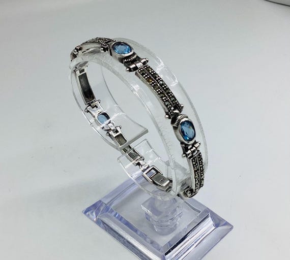 Sterling Silver Blue Topaz Marcasite Bracelet – November Birthstone Bridal Something Blue