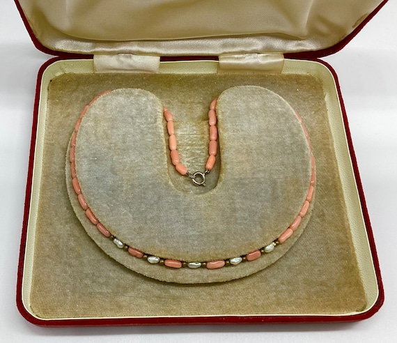Dainty Angel Skin Coral Bead Necklace with Cultured Pearls