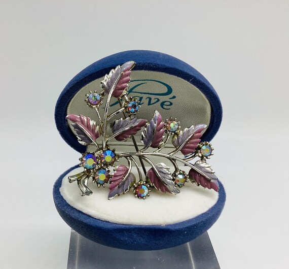 A Superb Retro Leaf Spray Brooch Pale Lilac Enamel and Aurora Crystals 1950s Vintage