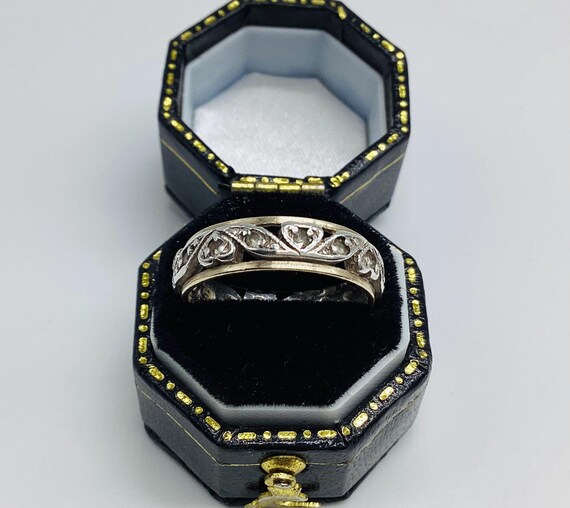 Beautiful Victorian Eternity Ring Antique Silver Hearts and 9ct Gold with Natural Clear Gemstone Love UK Size L 1/2