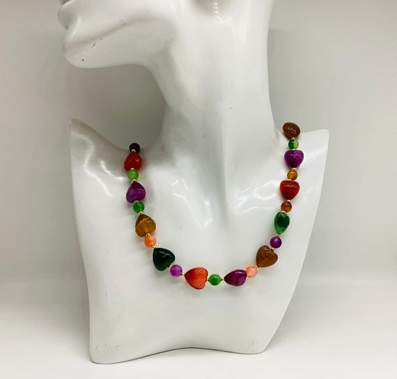 Vintage 80s Lucite Heart Necklace, Jewel Tone Beads