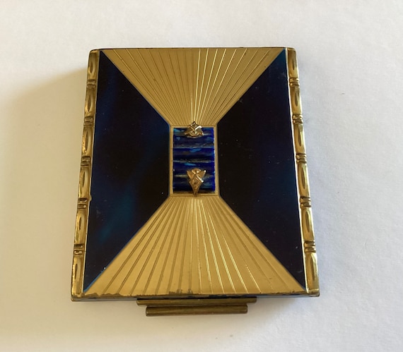 True Vintage 1920s Art Deco Loose Powder Compact Enamel Brass 3" x 2 1/2"