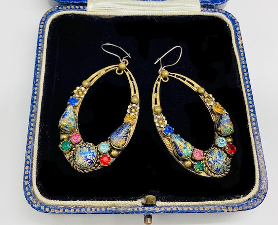 Czech Glass and Filigree Long Drop Hoop Earrings Art Deco Multicoloured and Opal