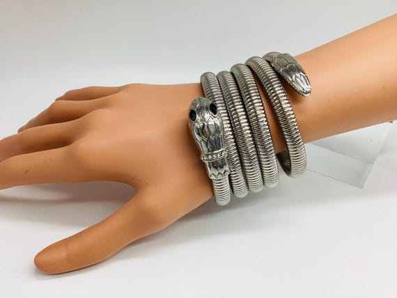 Vintage 1980s Coiled Snake Bangle Four Full Coils Silver Tone Metal