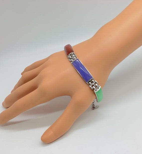 Multicolour Jade Panel Bracelet Brick Chain Links Beautiful Quality