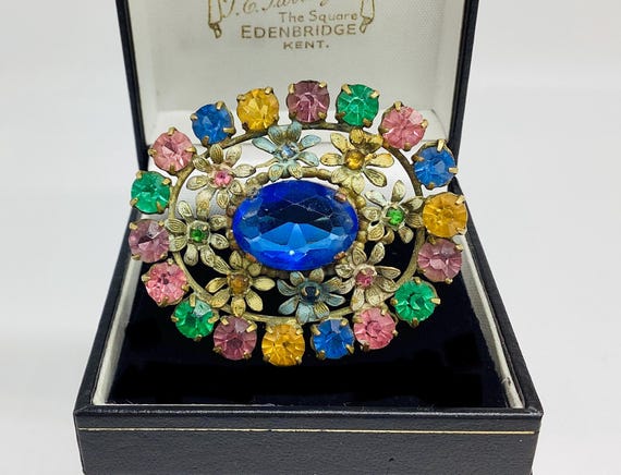 Czech Glass Sapphire Brooch Fine Brass Filigree With Multicoloured Glass Crystals Flowers