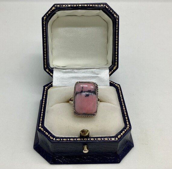 Rose Agate Ring Vintage Rope Setting Large Rectangle Size M Rhodonite