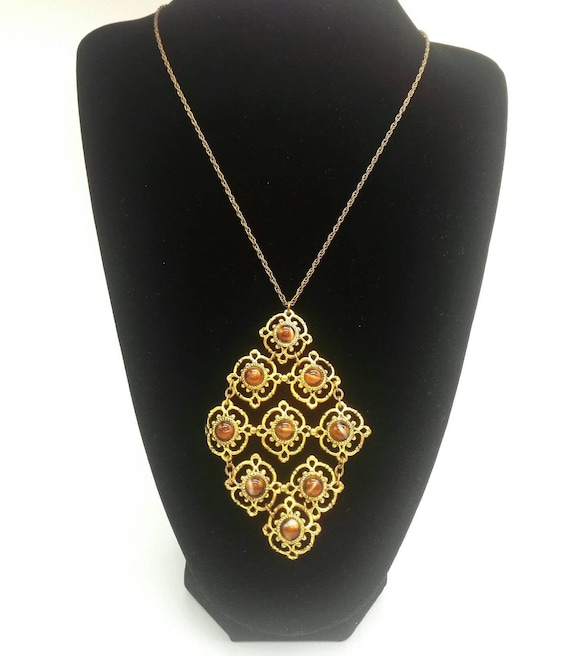 Fabulous Large Glass Banded Agate and Brass Pendant and Chain Czech Bohemian Glass Art Deco Jewellery