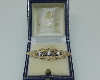 Heavy Gold Plated Victorian Brooch: Floral Paste Bar Pin