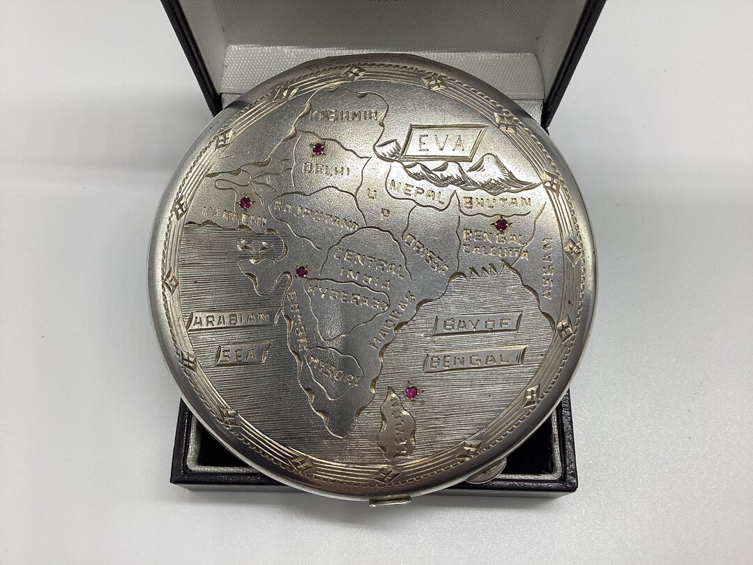 Antique Sterling Silver Compact Etched India Map With Rubies