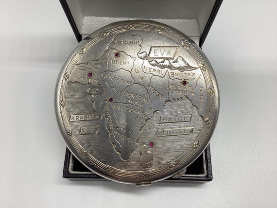 Antique Sterling Silver Compact Etched India Map with Rubies