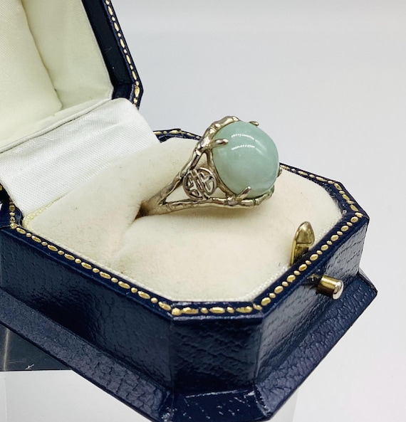 Sea Green Jade Ring Solid Silver  Bamboo Split Shank Setting with Chinese Symbols of Luck and Love Size UK Q 1/2 Size US 8 1/4