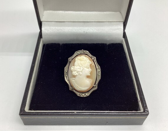 Dainty Shell Cameo Brooch Vintage Silver and Marcasite Framed 1940s Victorian Revival
