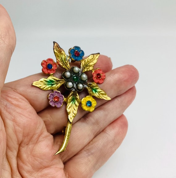 Large Czech Glass Flower Brooch: Enamel & Glass Pearl Accent