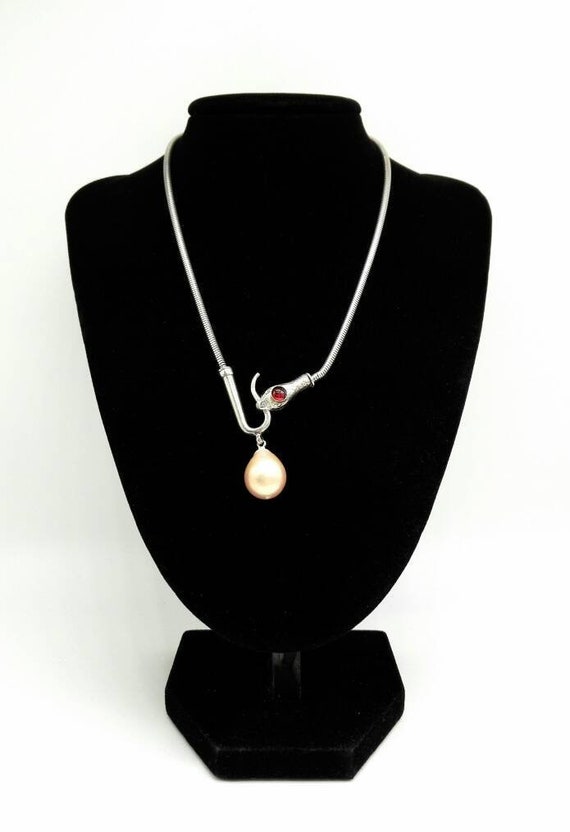 Garnet Set Snake Head and Large Cultured Pearl Silver (925) Lariat Art Deco Necklace January June Birthday 2nd Wedding Anniversary Mystic