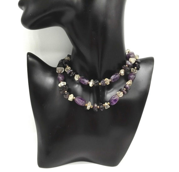 Vintage Art Deco Natural Amethyst and Crystal Polished Bead Necklace 25 inches