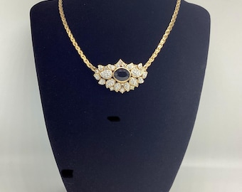 Collar babero Attwood & Sawyer con cristales Swarovski, zafiro transparente y negro, estilo vintage de 1970.