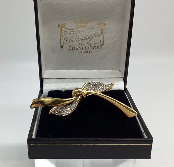 Attwood and Sawyer 22ct Gold Plated Enamel and Swarovski Crystal Love Knot Bow Brooch Fabulous Signed Vintage Designer Jewellery