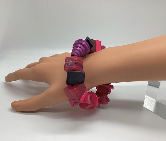 Vintage Signed Sobral Bracelet Hot Pink and Purple Elasticated Jackie Brazil