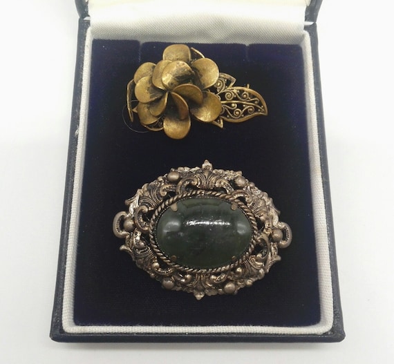 Two Czech Vintage Art Deco Filigree Brass and Stone Set Broches