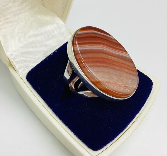 Large Banded Agate Ring C1975 Solid 925 Silver Sp… - image 6