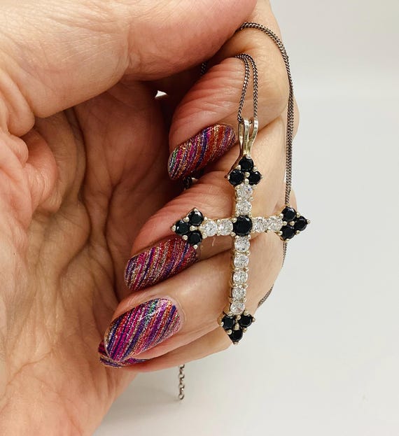 Solid Silver White Topaz and Sapphire Set Crucifix Cross & Chain Vintage Religious Jewellery September Birthday