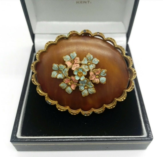 Large Edwardian Polished Horn Brooch Embellished with Enamel Flowers Set with Crystals Rare Antique Unusual Vintage Jewellery
