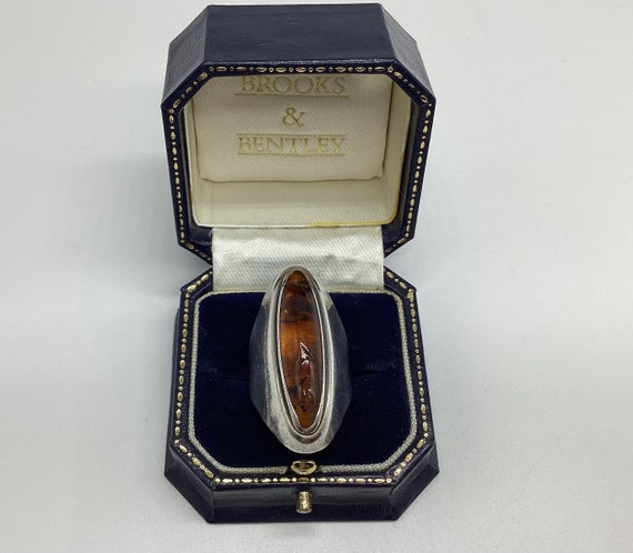 Georg Kramer Silver 835 Ring Large Amber Stone Rare Elegant German 1940's Fischlandschmuck